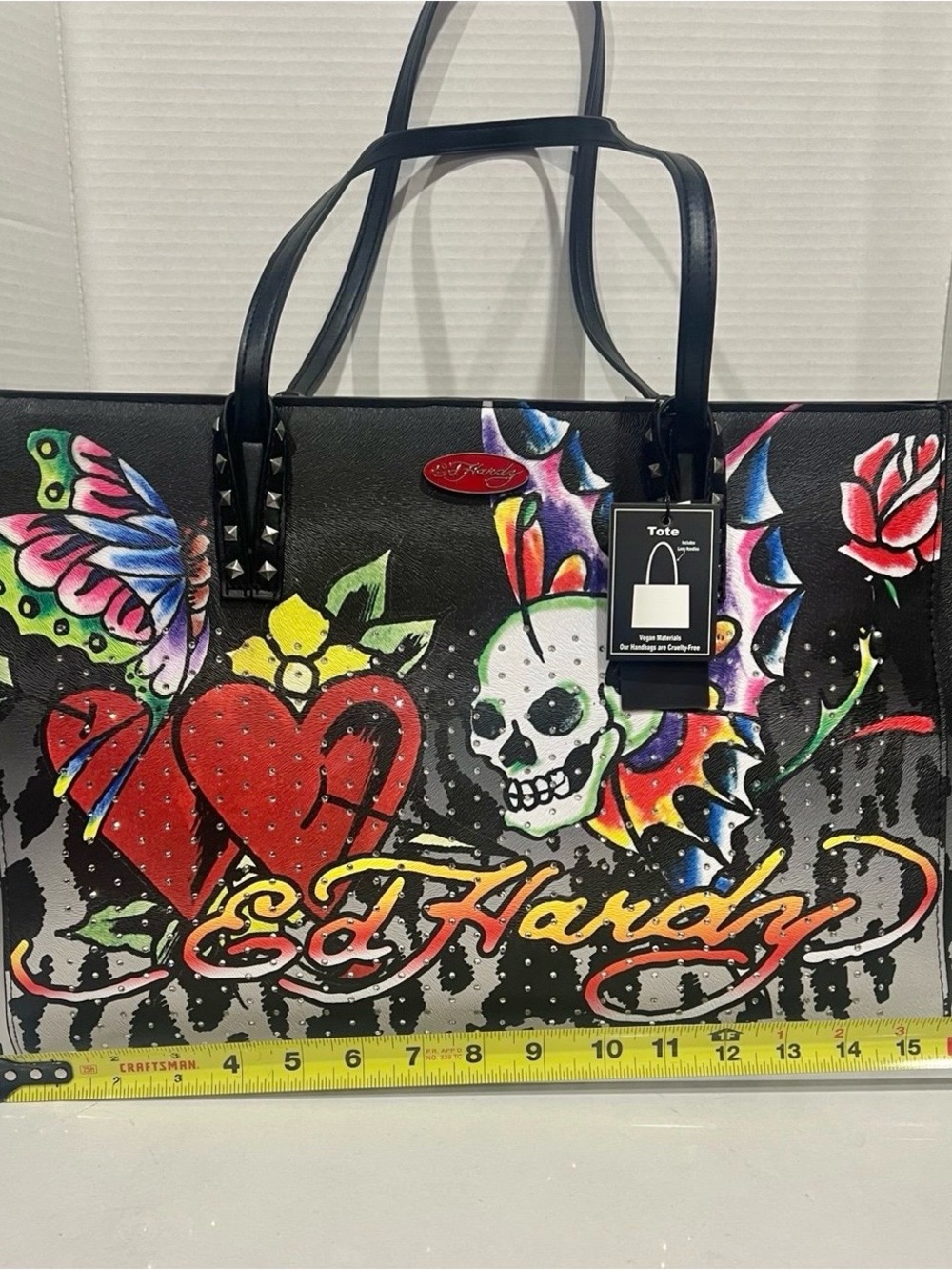 Ed Hardy Black Tote with Multicolor Tattoo Heart & Skull Art